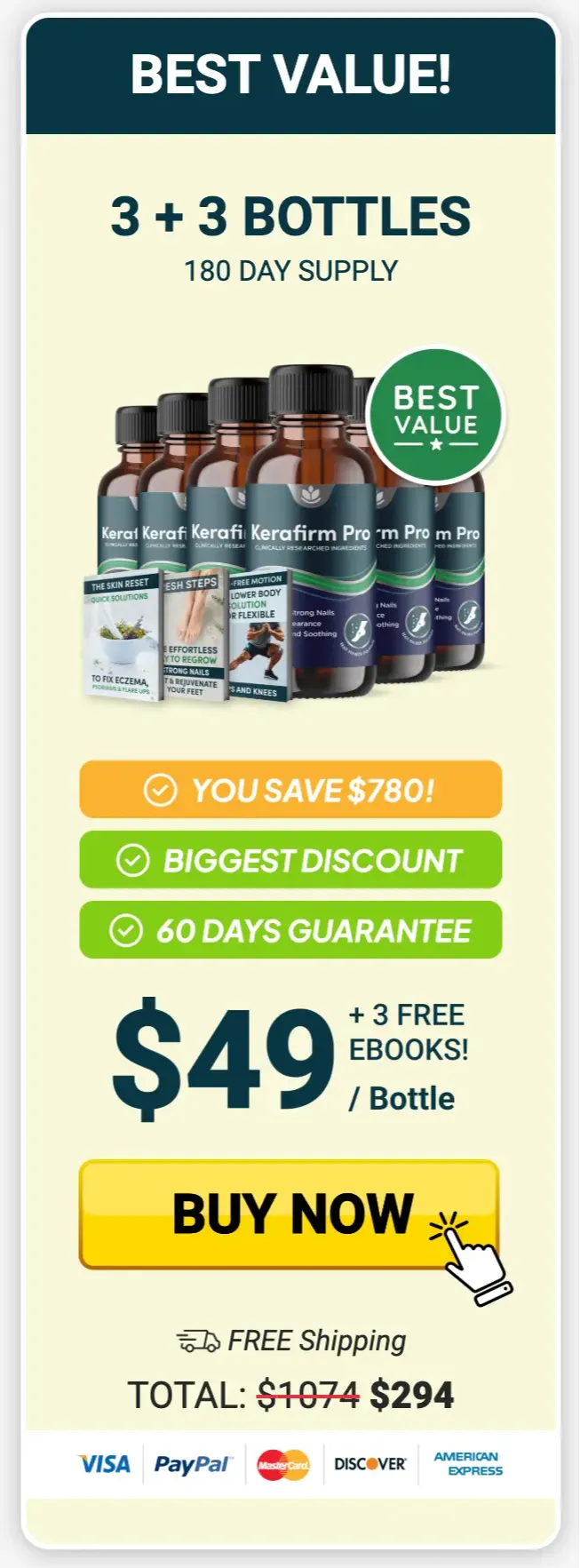 KeraFirm Pro 6 bottle package best value at $49 per bottle with free bonuses